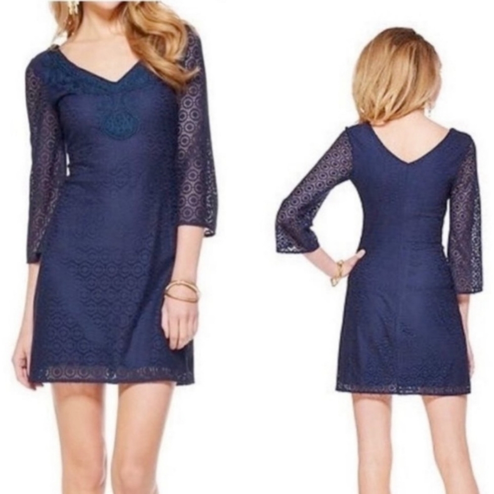 Lilly Pulitzer Alden Tunic Dress Geo Circle Knit Lace SzXS True Navy NWT